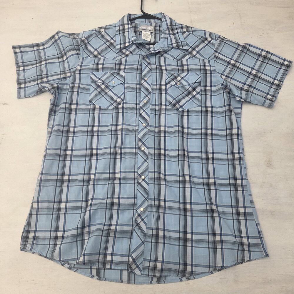 Wrangler Wrancher Button Down Shirt Mens XLT Plaid Pearl Snap Short Sleeve Blue
